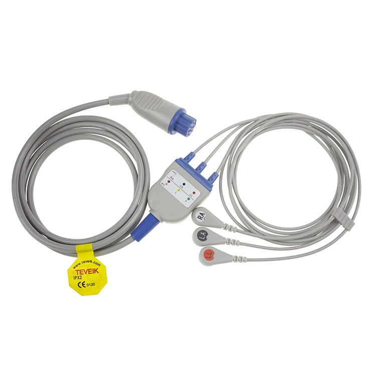Factory Custom 10 12 lead ecg cable Heart Rate Monitor ecg cable EKG Medical Datex 3 Leads ECG Cable With Snap