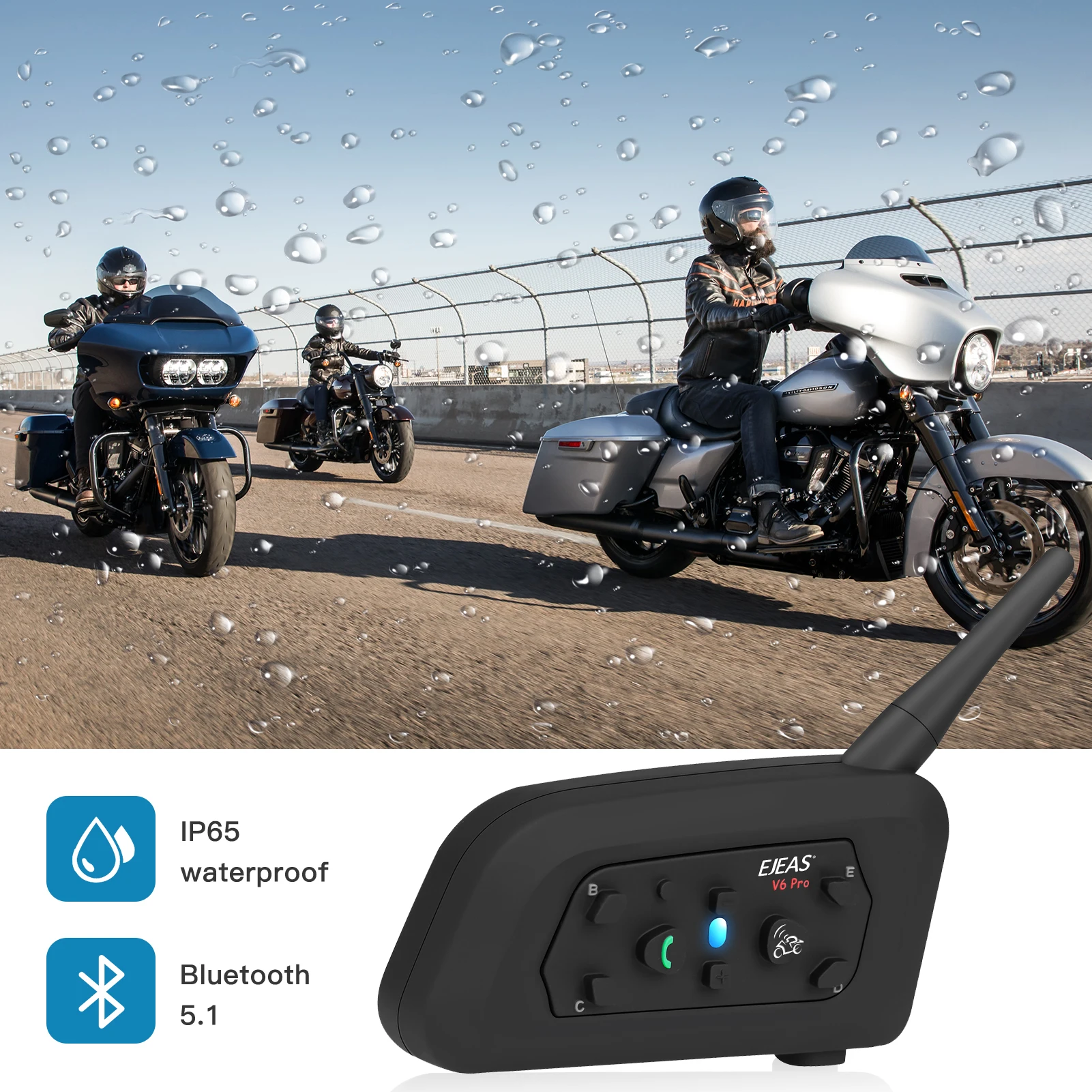 Motorcycle Helmet Bluetooth Intercom Full Duplex BT Interphone Headset Waterproof Communication System for 6 Riders