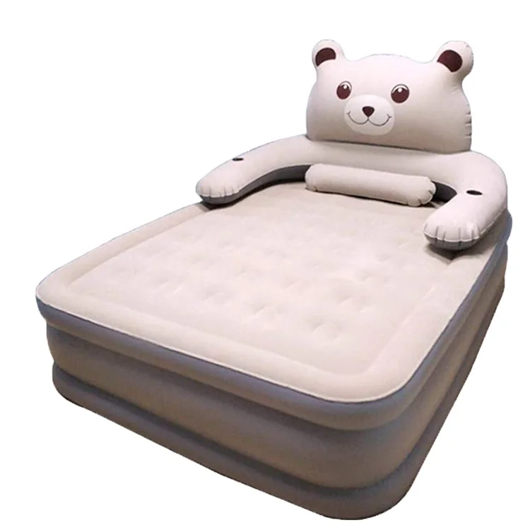 downy flocking inflatable raised airbed with built-in electric pump folding twin size air mattress with bear backrest pillow
