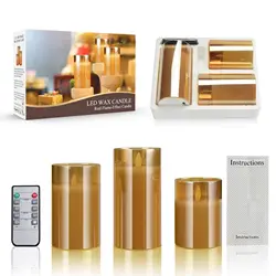 Tawny plated glass electronic candle 3 pcs set simulation shake flame led remote control candle