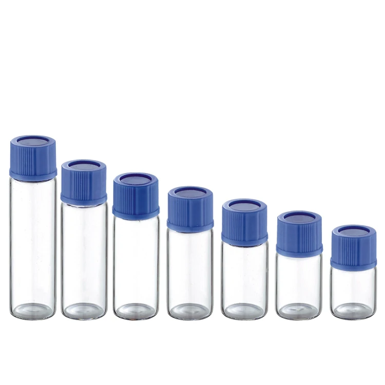 pharmaceutical glass vial mini small 2ml 3ml 5ml 7ml 10ml 15ml 20ml 30ml thin glass bottle with blue press and screw cap