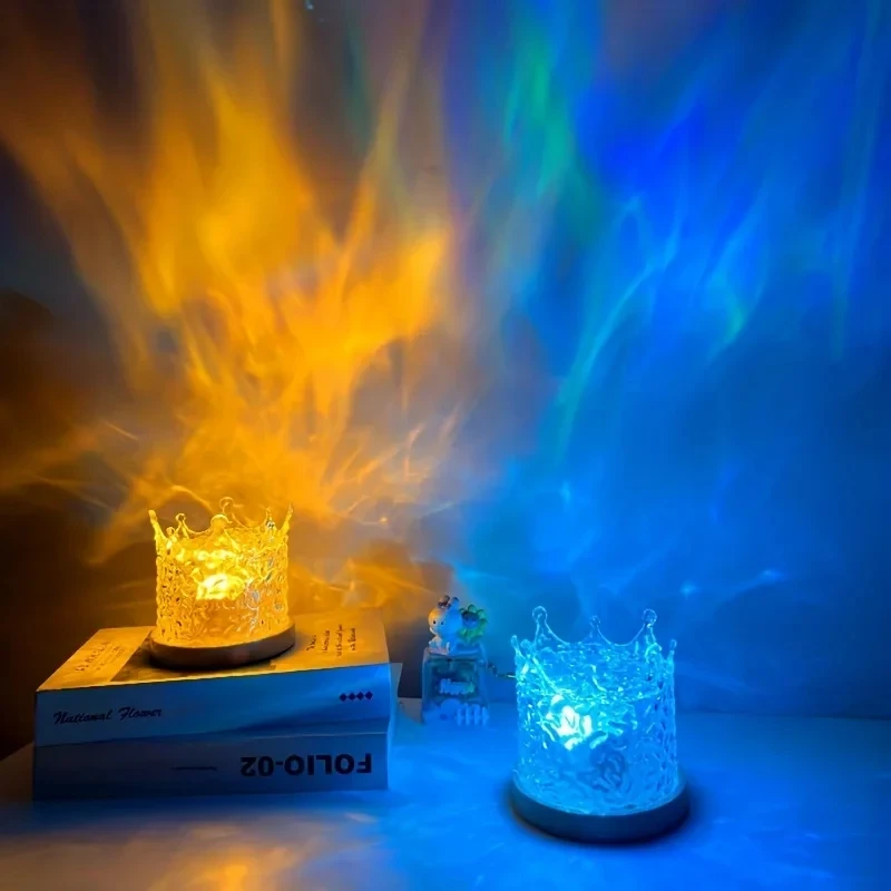 Wave Effect Dynamic Water Ripple Projector Crown Light 16 Colors Gradual Usb Rotating Flame Water Ripple Night Light For Bedroom