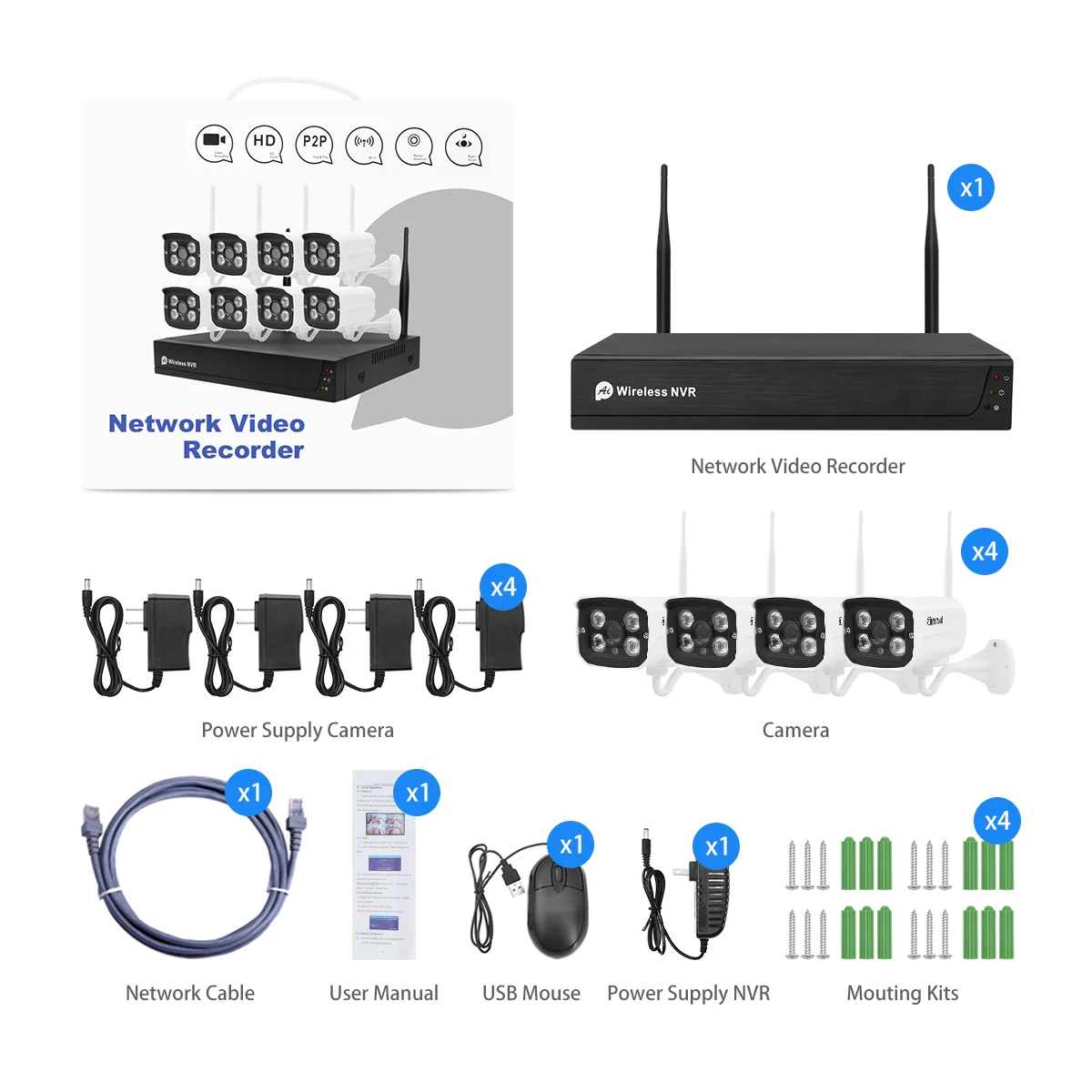 
4CH CCTV Camera System 1080P WiFi Nvr Kit Camera Wireless WiFi Ip Camera Nvr Kit 