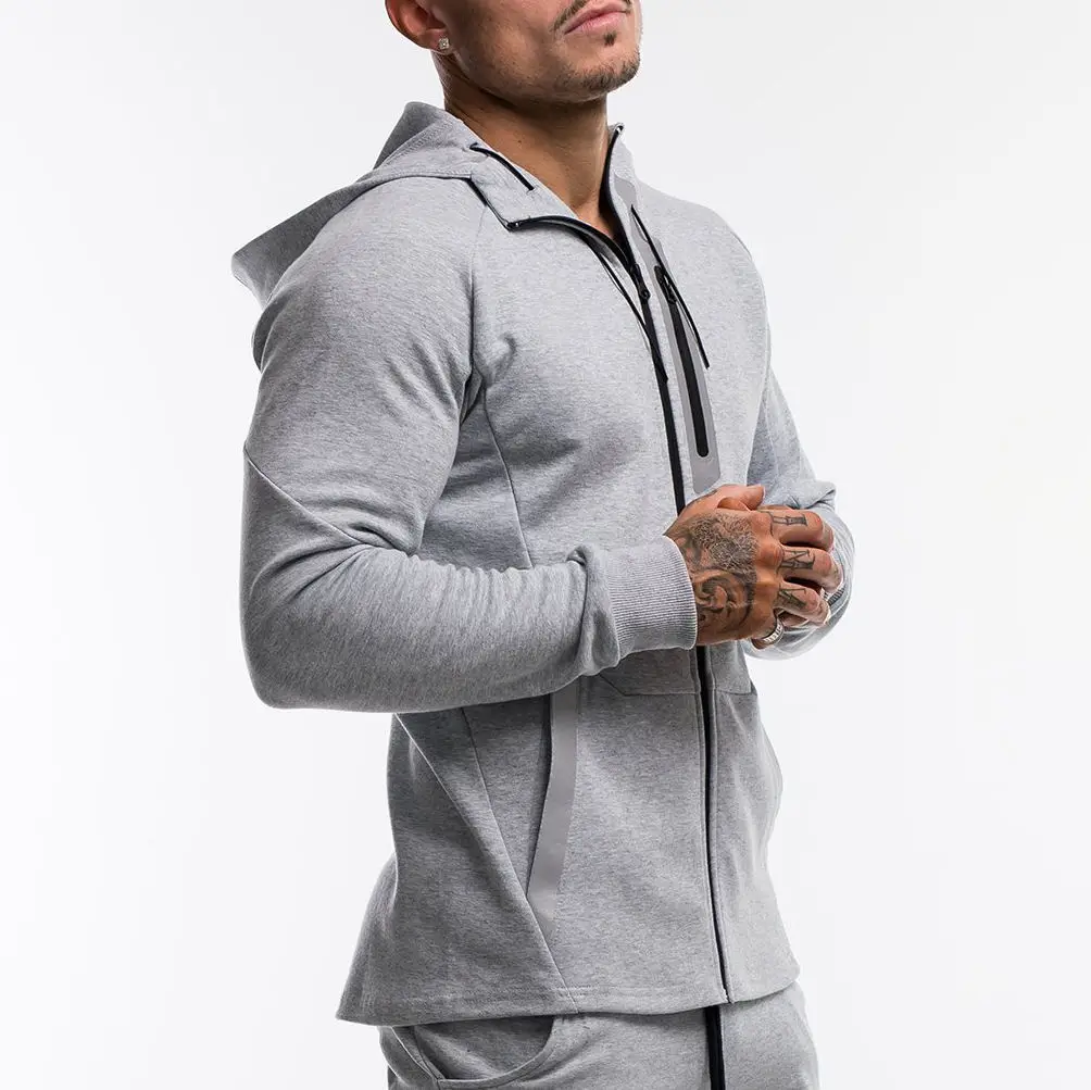 Low MOQ High Quality Sportswear Fitness Custom Cotton Soft Full Zipped Hoody Men Functional Pocket Design Long Sleeve Jacket