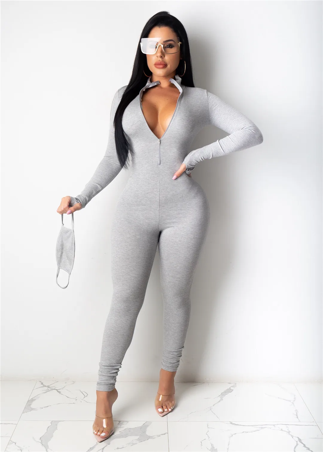 2022 Wholesale Custom Logo Women Long Sleeve Rompers Pit Stripe Ribbed Zipper Elastic Slim Women One Piece Jumpsuits