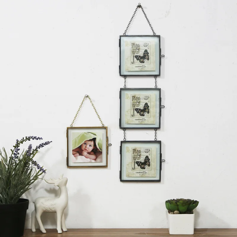 
retro Square Gold Metal glass Double Glass Picture Frames with chain hanging on wall decorative picture frames Butterfly Flower 