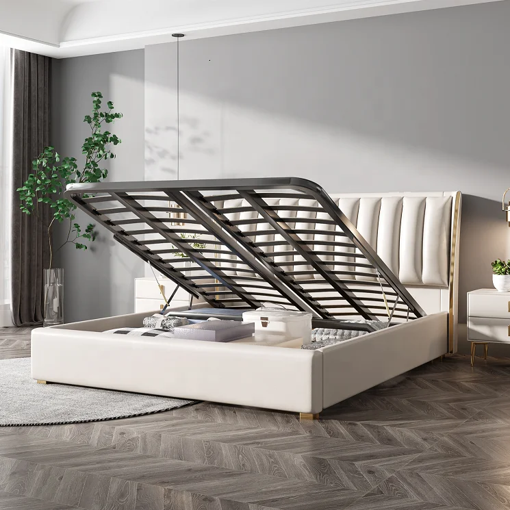 Fashion Style Bedroom Furniture Stainless Steel Legs Upholstery Leather queen bed storage