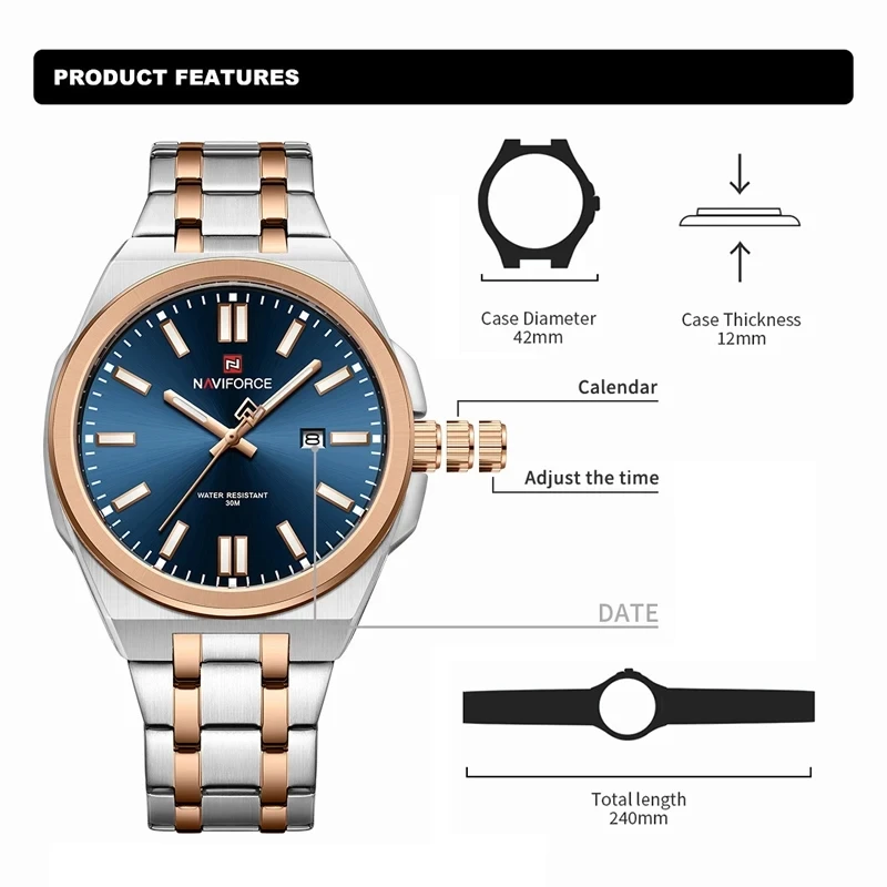 NAVIFORCE 9226 nf9226 Men Wristwatch Top Brand Rose Gold and Blue Face Male Watches Stainless Sport Luminous Date Clock Reloj