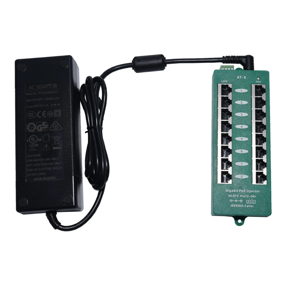 AT-8-48V120W 802.3af 802.3at 48 в 120 Вт активный гигабитный PoE инжектор 8 портов для ip-камеры WiFi AP