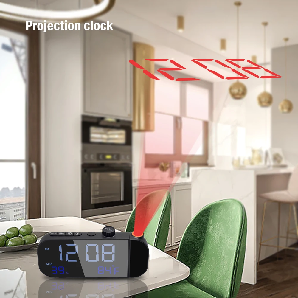 Projection Alarm Clock Digital Temperature Clock FM Radio Voice Control to Brighten Screen Clear Projector Display for Bedroom