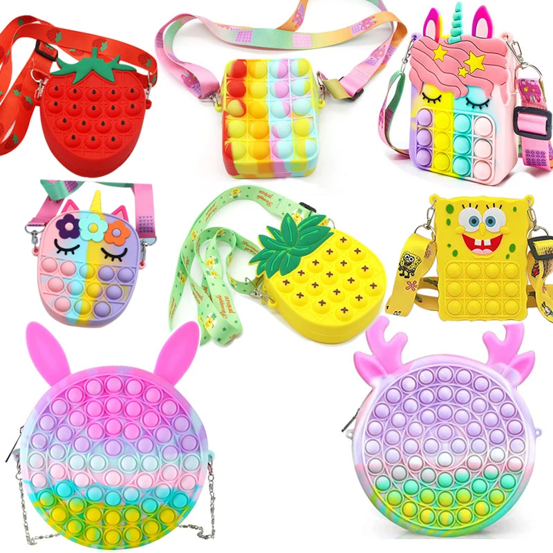 rainbow children mini strawberry zipper pop purses school fidget kid coin silicone shoulder unicorn pop bag