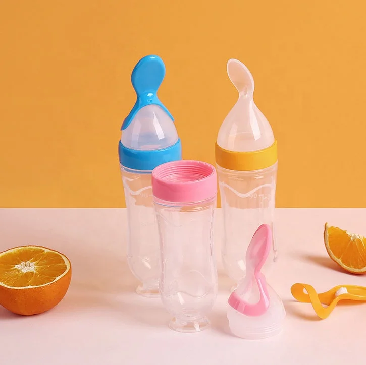 High Quality Reusable Baby Food Grade Silicone BPA-Free Silicone Fruit Food Squeeze Bottle Feeder With Spoon
