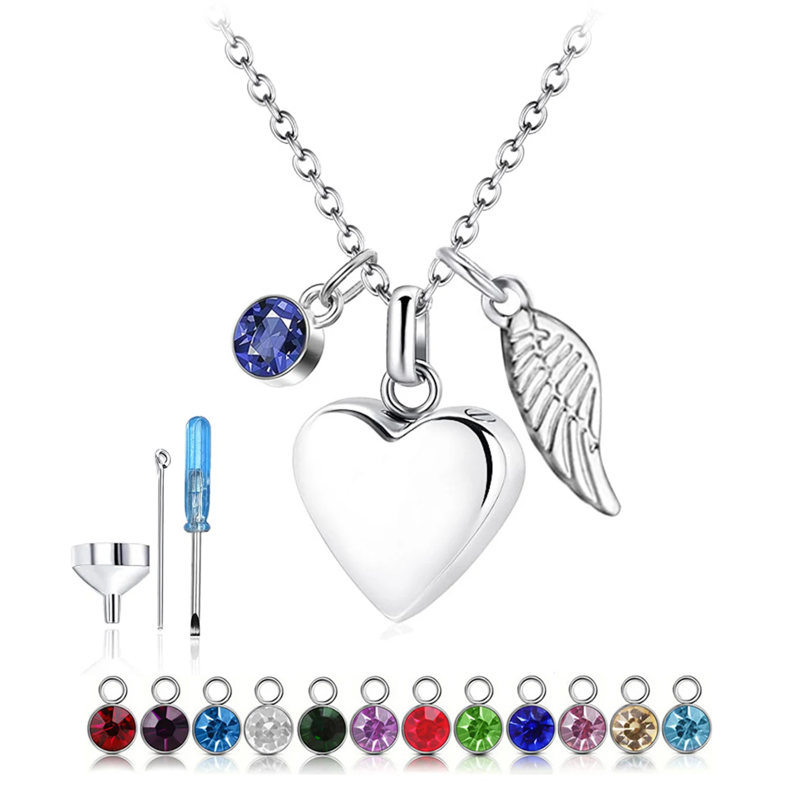 Heart with Angel Wings and Birthstone Pendant Necklace Cremation Urn Fashion Jewelry Keepsake Memorial for Human Pet Ashes