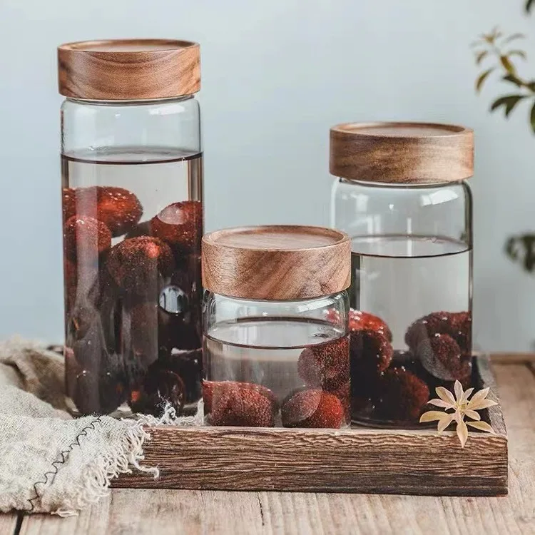 Factory Wholesale Multi Size Sealed Ring Storage Bottle Glass Jar Wooden Lid