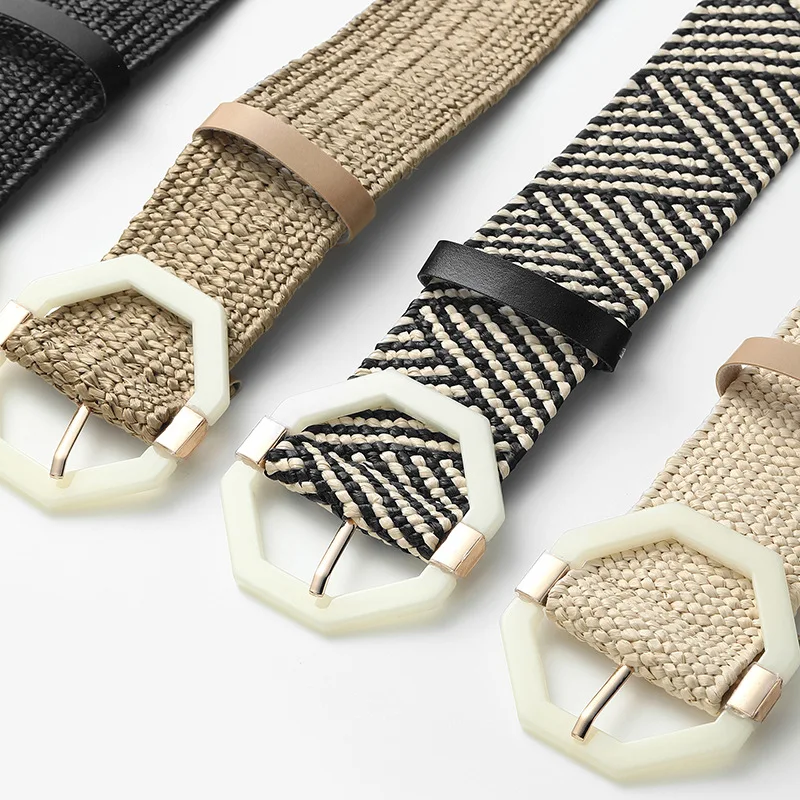 PP Straw Braided  Vintage Knitted Waist Skinny Dress Belt Woven Elastic Stretch Raffia Belt For lady Plastic Wooden Buckle