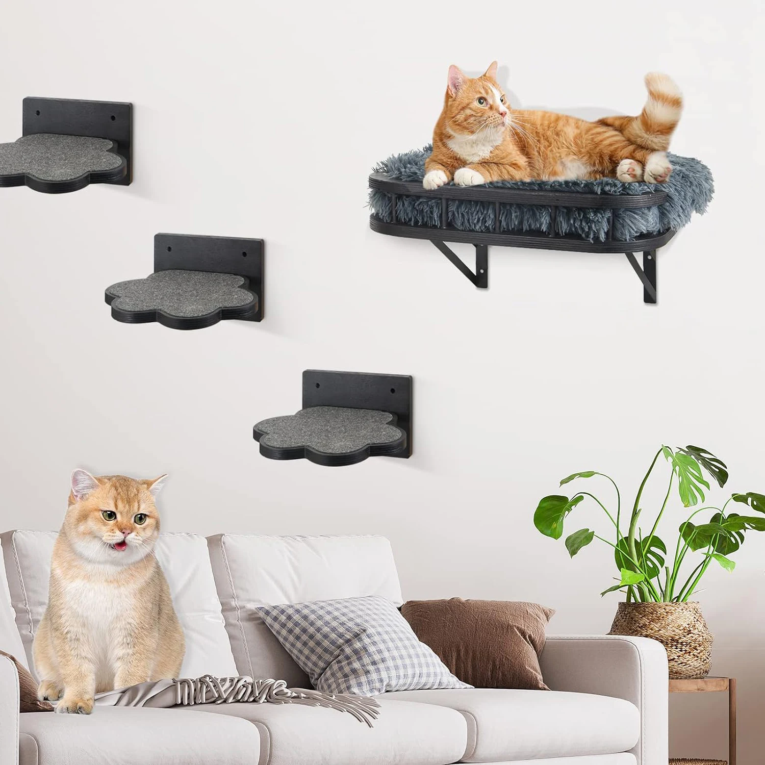 Cat Hammock Cat Wall Furniture with Cooling Mat and Plush Cushion and 3 Wall Steps Cat Climbing Shelf