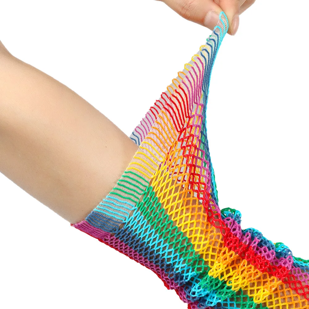 Lady Hollowed Fingerless Gloves Girl Carnival Halloween Party Long Fishnet Rainbow Gloves