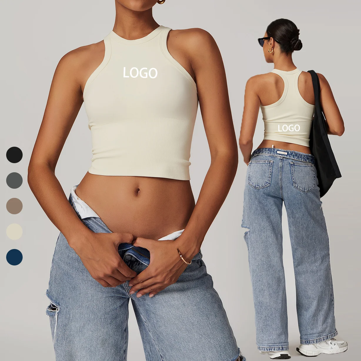 Custom Logo Wholesale High Quality Ladies Blank Solid Nylon spandex fabric Sleeveless Seamless back Crop Tank Top Women