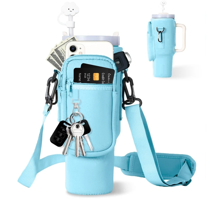 Water Bottle Carrier Bag Phone Pocket for Stanley 40 oz Tumbler Water Bottle Holder Pouch Adjustable Strap Bag