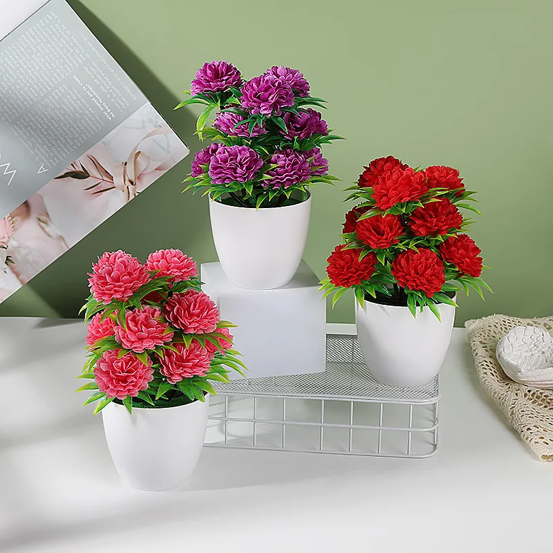 Artificial Chrysanthemum Flowers Potted Popular Mini Bonsai Tree Plastic Plant Pot For Bathroom Tabletop Kitchen Decoration