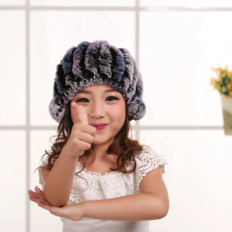 Wholesale cheap kids Korean fashion Rex rabbit fur woven girl fur leather warm hat