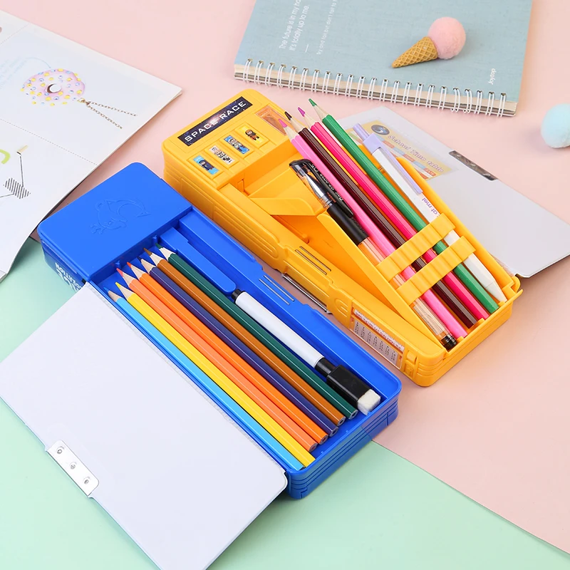 Hot Selling Little Spaceman Plastic Material Portable Double Layers Multi-functional Pencil Case With Magnet Lock For Students
