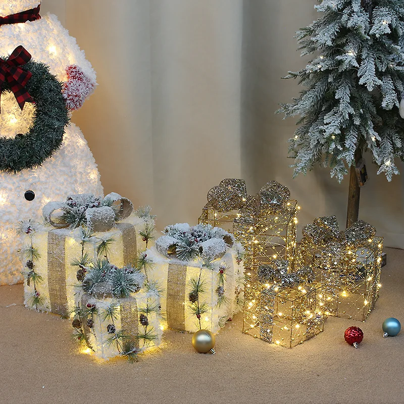 KG Xmas Gifts Noel Navidad Natal Pre-lit Warm Light Tinsel Gift Boxes with Bows Christmas LED Ornament Christmas Gift Boxes Set