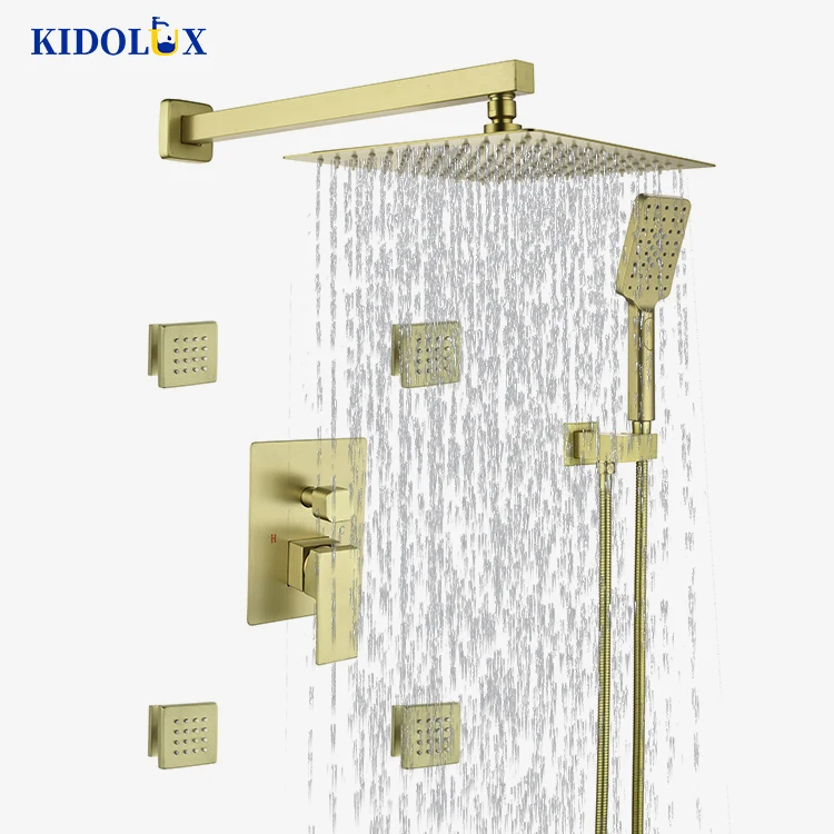 Inwall Squared Thermostatic Pure Brass 3 4 5 6 Multi Body Jet Rain Shower System Set With Body Jet Back Spray Spa Waist Massage