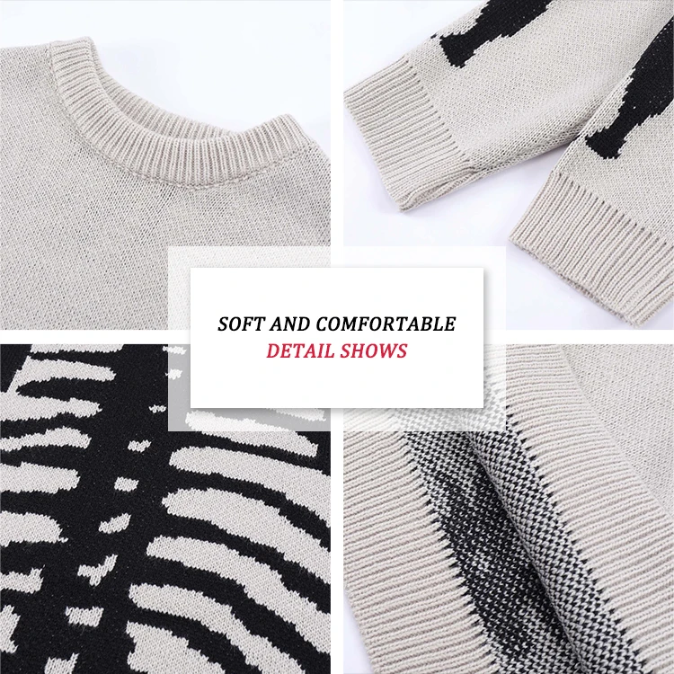 Custom Logo Brushed Mohair Wool Knitting Skull Jacquard Fuzzy Knitted Men Pullover Jackets Fuzzy Mohair Blend Sweater