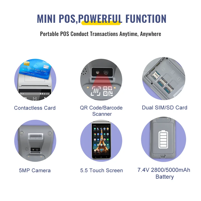 Handheld POS 5.5 Inches 4G Wifi Bluetooth NFC Printer Camera Fingerprint Android Handheld Mobile POS Terminal with Printer