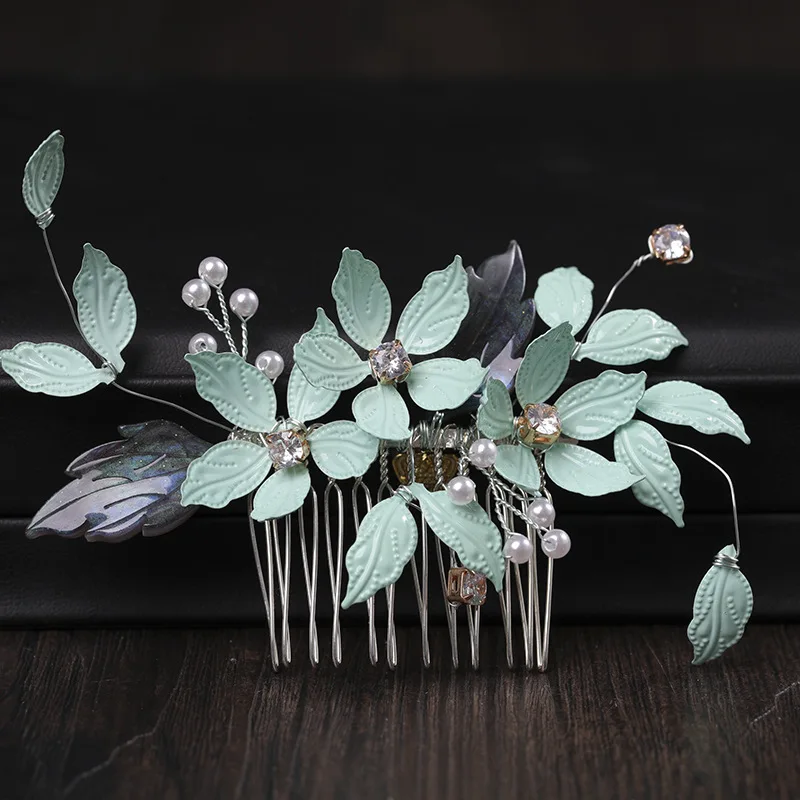 European bride handmade soft clay woven flower leaves and Pearl ornament hair comb