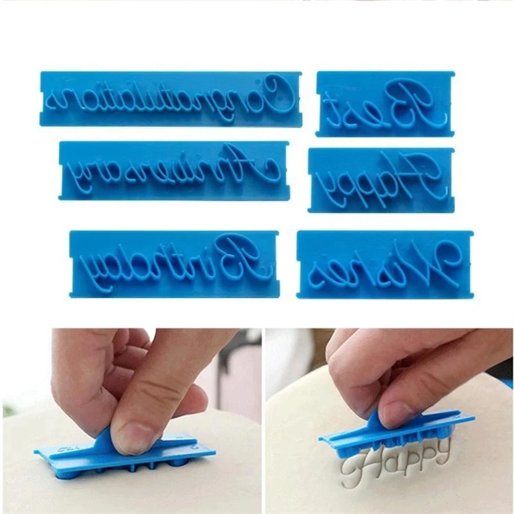 6PCS Set Cake Baking Molds Alphabet Letter Words Cookie Press Stamp Embosser Cutter Fondant Mould Happy Birthday Cake Decoration