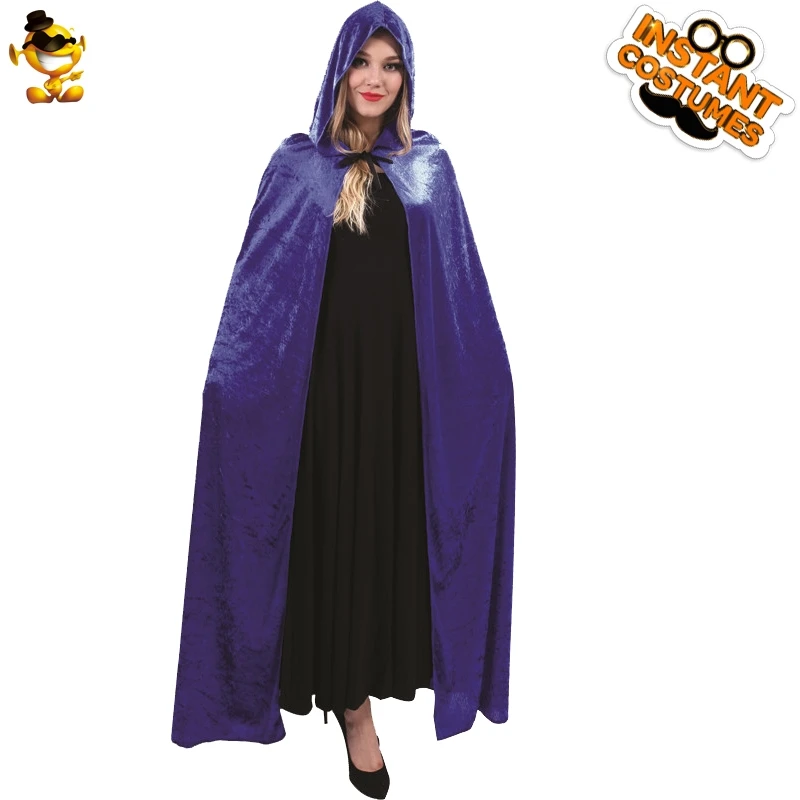 Women all black Cloak Fancy Dress Party halloween  Long Velvet Hooded Cape Costume for Adult