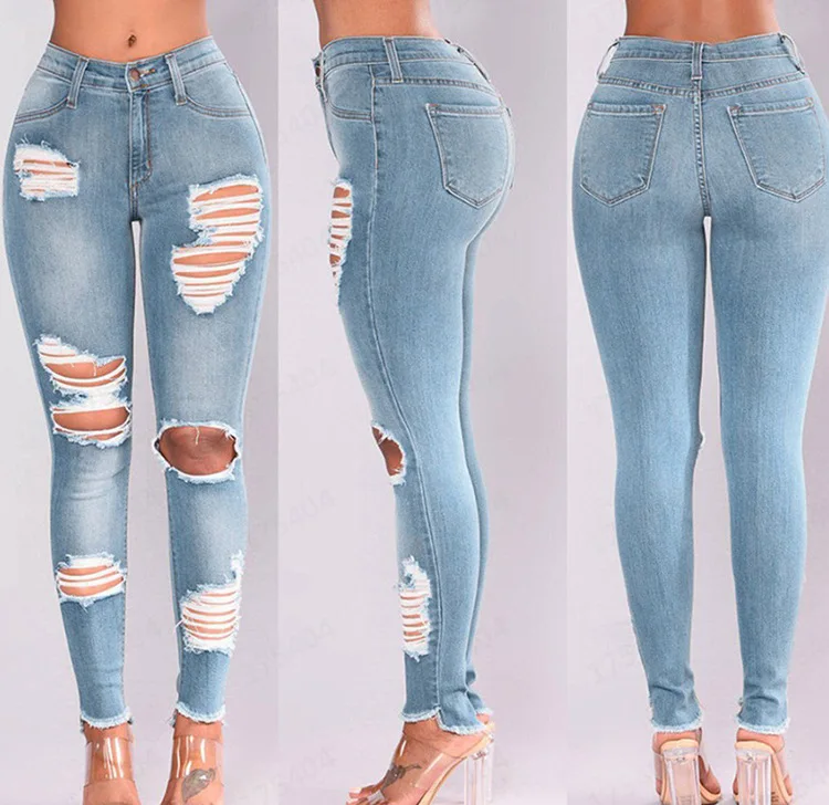 woman distress jean Washed Hollow Out hole stitched elastic flared pants high waist jeans for women ripped stacked jeans