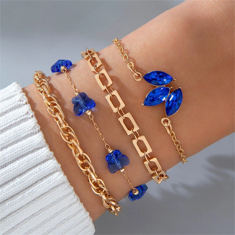 Fashion 4Pcs/Set Blue Resin Acrylic Butterfly Bracelets Set Crystal Rhinestones Pearl Bracelets For Women Girls