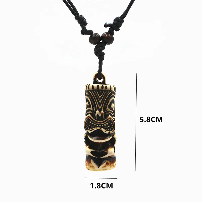 2024 Vintage Tiki Statue Pendant Necklace Acrylic Wood Bead Necklace Wax Rope Leather Necklace Jewelry for Boys Men