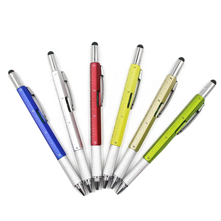 promotional multi-function tool ballpoint pen 5 In 1 stylus soft screen metal Pens with screwdriver gradienter and ruler