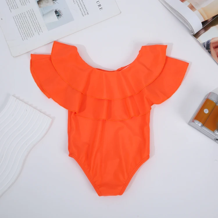 Wholesale kapu ODM/OEM beach orange style customized kids age 0-5 litte girls children ruffled swimsuit