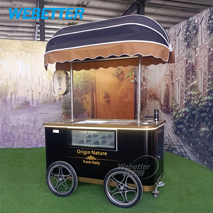 WEBETTER Hand Push Coffee Cart Street Small Ice Cream Cart Outside Gelato Display Freezer Cart For Sale