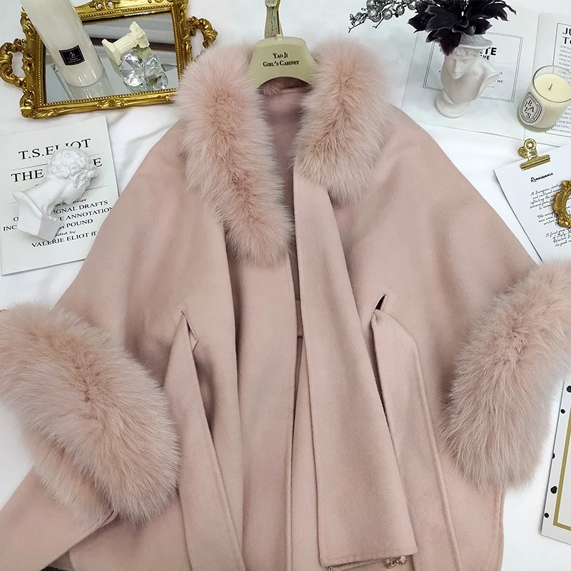 Vintage Cape Poncho Coat Fox Fur Cloak Womens Jacke Bat Sleeve Thick Cardigan Fur Trim Shawl  Wool Cashmere  Outwear Fur Jacket