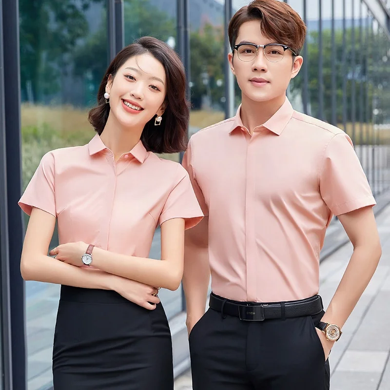 Men Women Summer Short-Sleeved Work Clothes Embroidered Logo Business Sales Professional Formal No-Iron Silk Shirt Suit