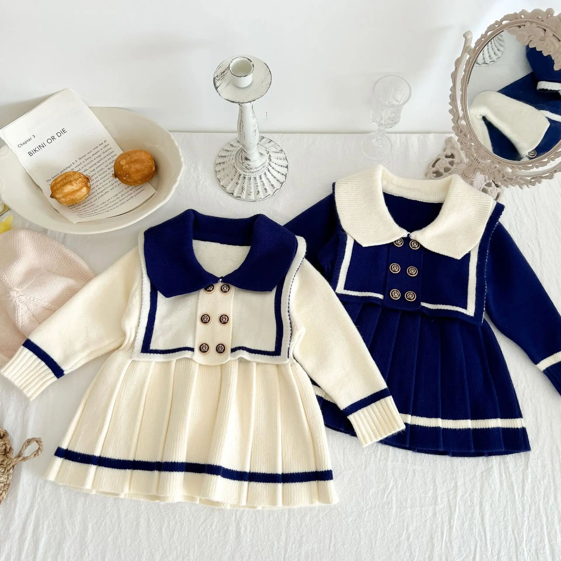 Autumn Winter Infant Pleated Sweater Knitted Dress Baby Contrast Color Long Sleeve Sailor Collar Gown Little Girls Dresses