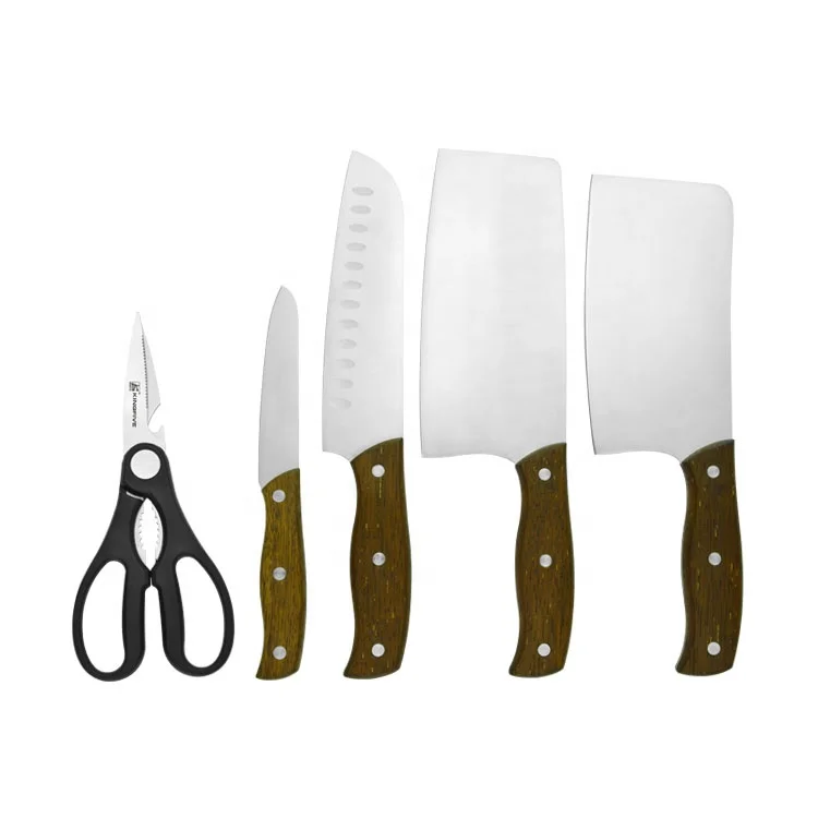 Chinese Messer Wholesale Walnut Wood 6 Pcs Kitchen Knife Set Scissor Chef Knife with Wooden Block