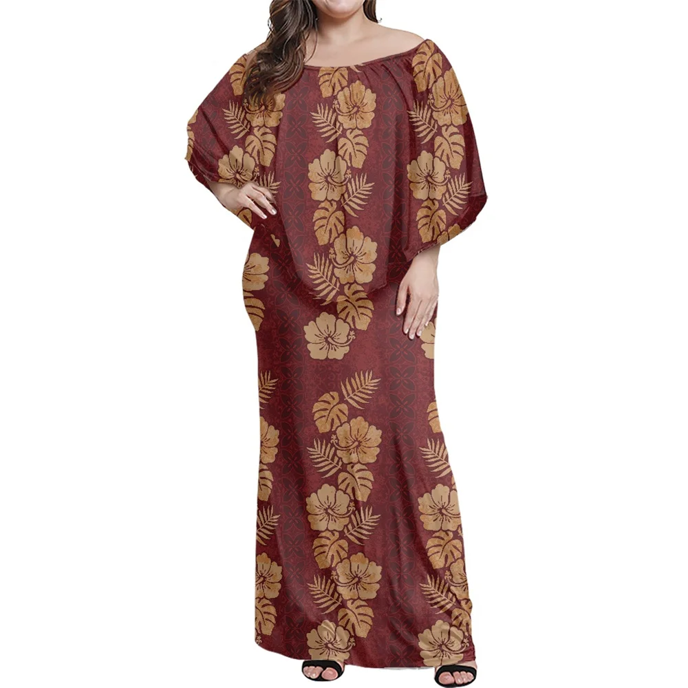 MOQ 1 Polynesian Samoa Tribal Tattoo Tapa Hibiscus Print Dress Large Size Off Shoulder Sexy Long Dresses With Shawl Casual Skirt