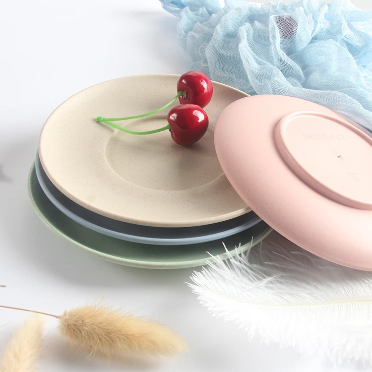 Household Lightweight Natural Wheat Straw Plastic Round Fruit Cake Dessert Dishes Plate