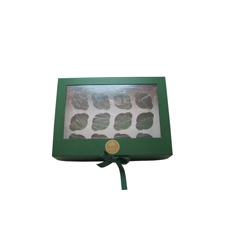 Wholesale Custom Luxury Green and Red Cardboard Flat Folding Cupcake Paper Packaging Gift Box With Ribbon