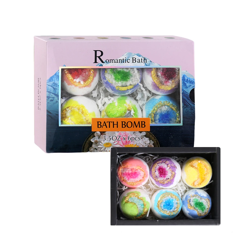 High Quality Luxury 6Pcs Scented Geode Glitter Shimmer Bath Bombs 100Gr Sparkle Bathbomb