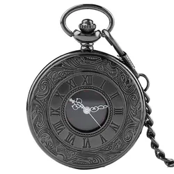 Vintage Charm Black Unisex Fashion Roman Number Quartz Steampunk Pocket Watch Women Man Necklace Pendant with Chain