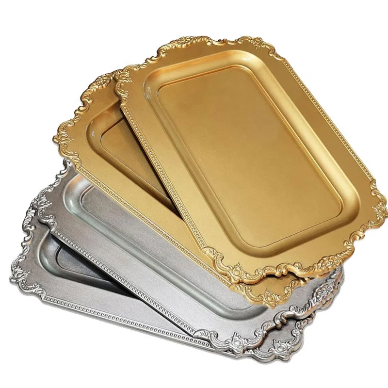 Hot Selling Wholesale Luxury Golden Rectangular Tray Silver Plastic Serving Tray Gold Decorative Serving Trays
