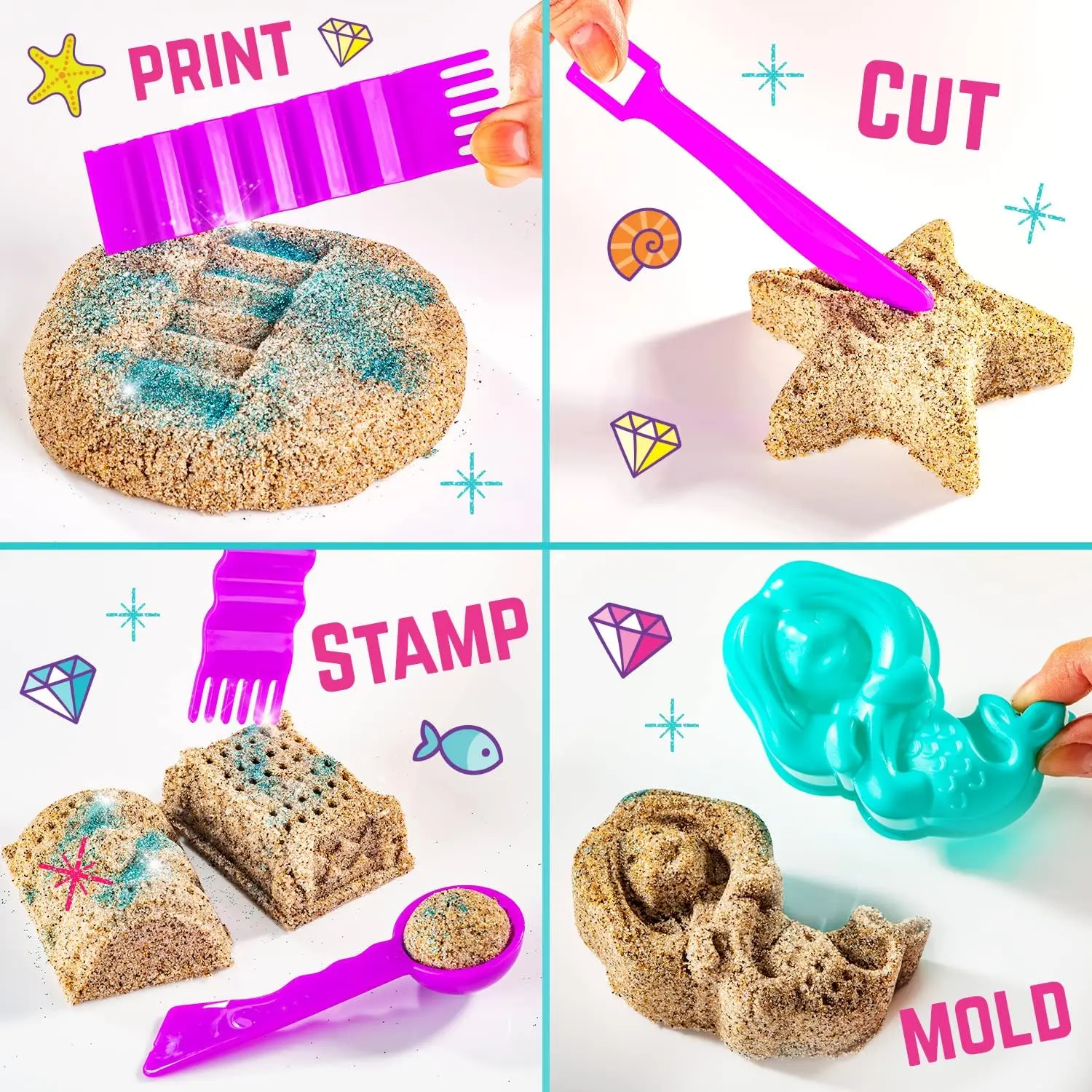 Mermaid Sensory Sand Kit, 2lbs Moldable Play Sand for Kids Aged 3+, Magic Sand with Gems, Tools & Portable Treasure Chest